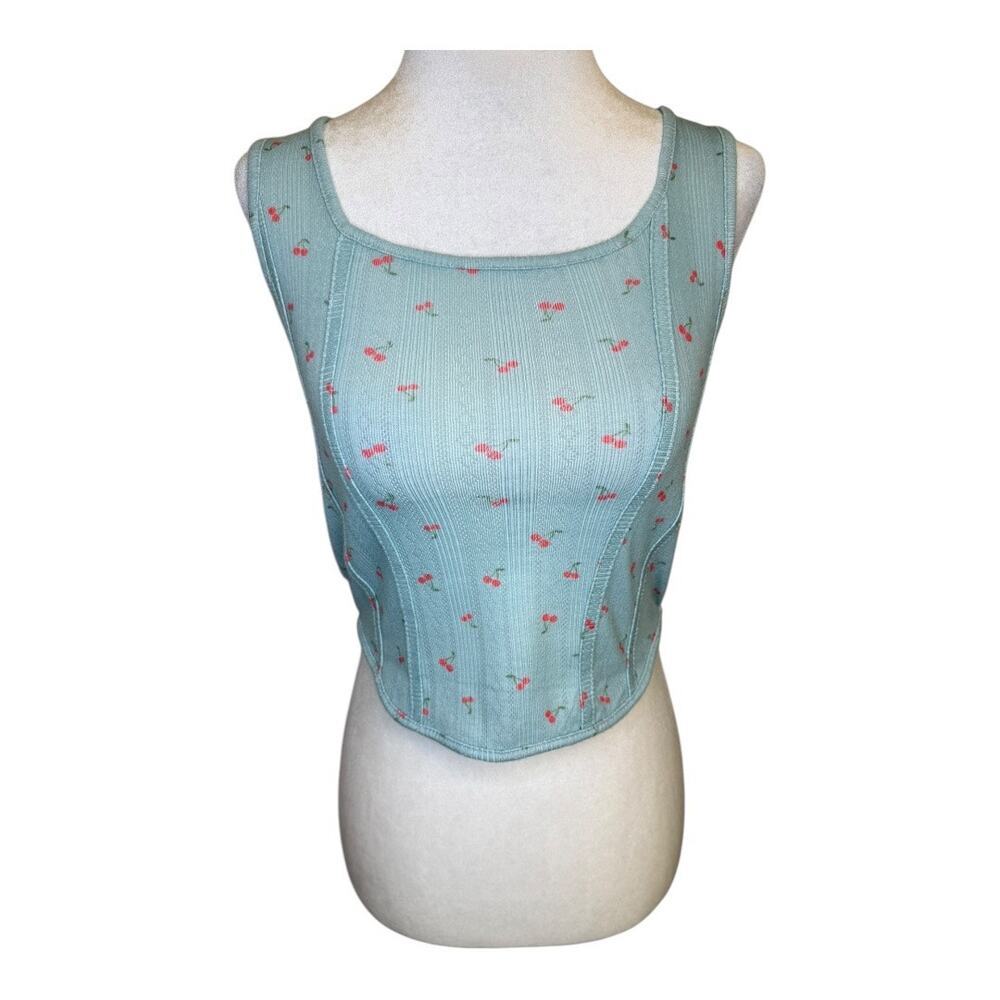 Freshman Girl’s Large Floral Corset Top Blue Cherry Design NWOT